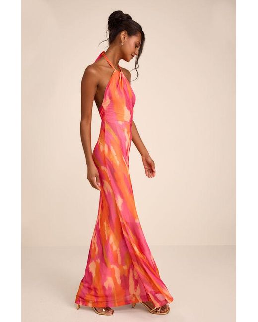 Lulus Red Adriel Multi Abstract Mesh Halter Mermaid Maxi Dress