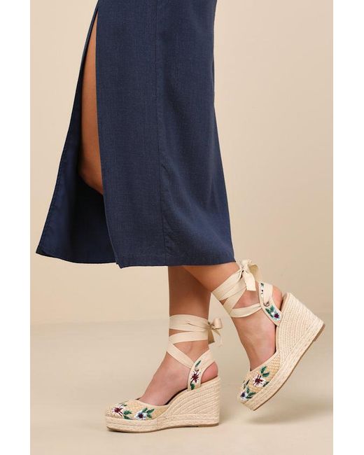 Steve Madden Vero Floral Raffia Lace-Up Espadrille Wedges in Natural | Lyst