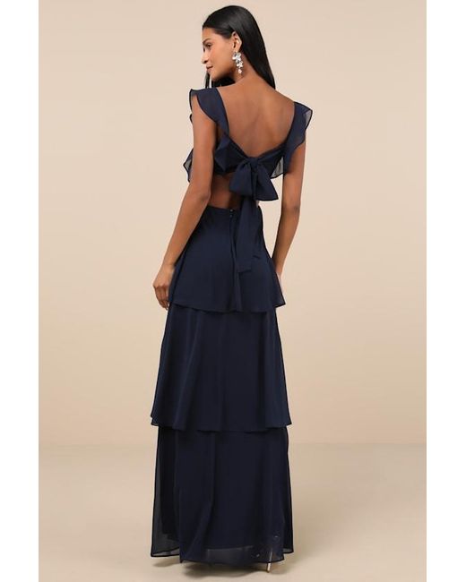 Lulus Blue Elegant Event Ruffled Tie-Back Tiered Maxi Dress