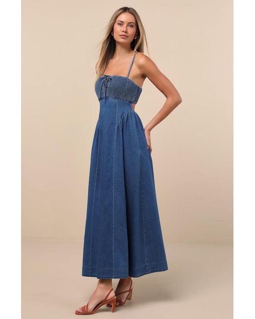 Lulus Blue Laylie Medium Wash Denim Lace-Up Midi Dress