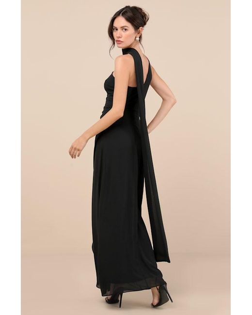 Lulus Black Adeline One-Shoulder Scarf Maxi Dress
