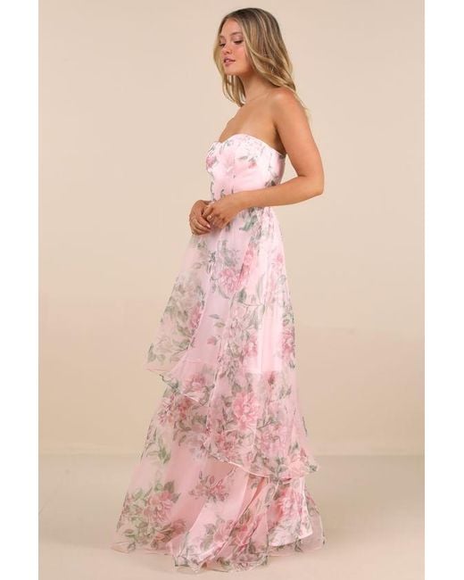 Lulus Pink Truly Extraordinary Floral Organza Strapless Maxi Dress
