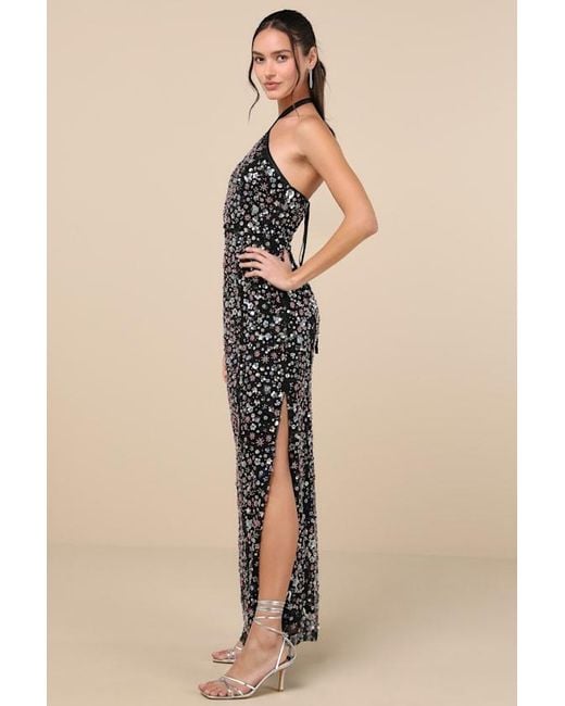 Lulus Black Edalene Mesh Sequin Beaded Halter Maxi Dress