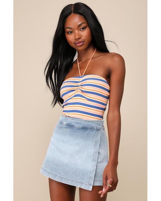 Lulus Blue Definite Perfection Light Wash Denim Faux Wrap Skort