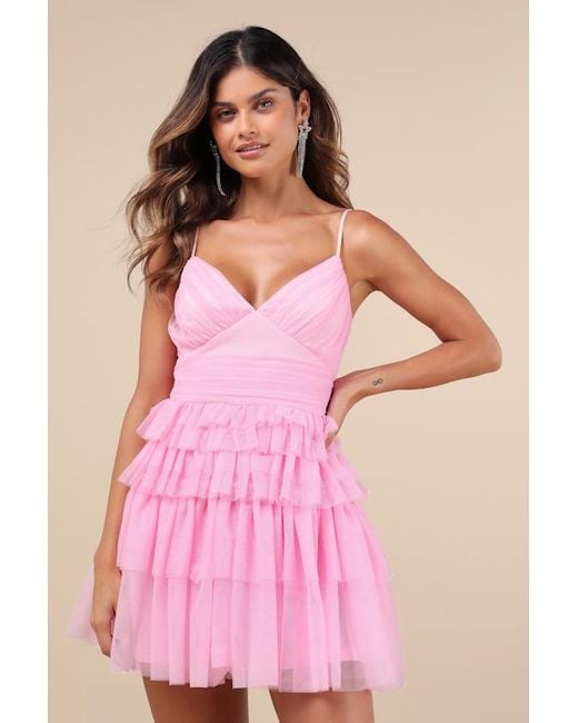 Lulus Pink Special Poise Tulle Pleated Sleeveless Tiered Mini Dress