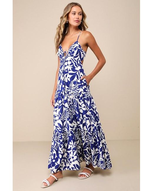 Lulus Blue Mykonos Memories And Ivory Abstract Maxi Dress With Pockets