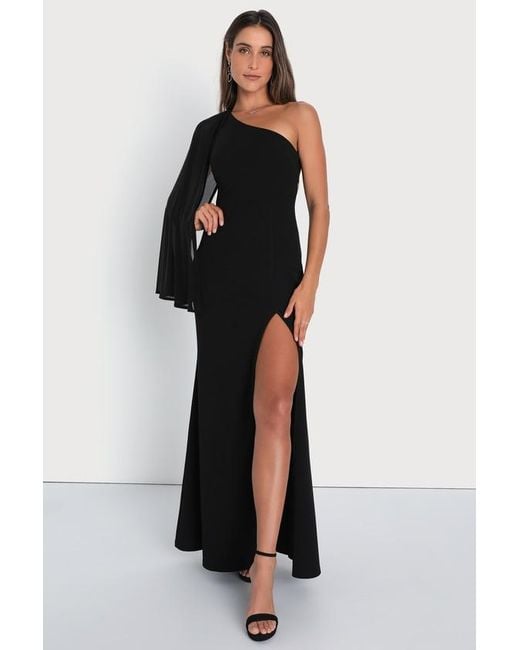 Lulus Black Majestic Attitude Cape Sleeve One-Shoulder Maxi Dress