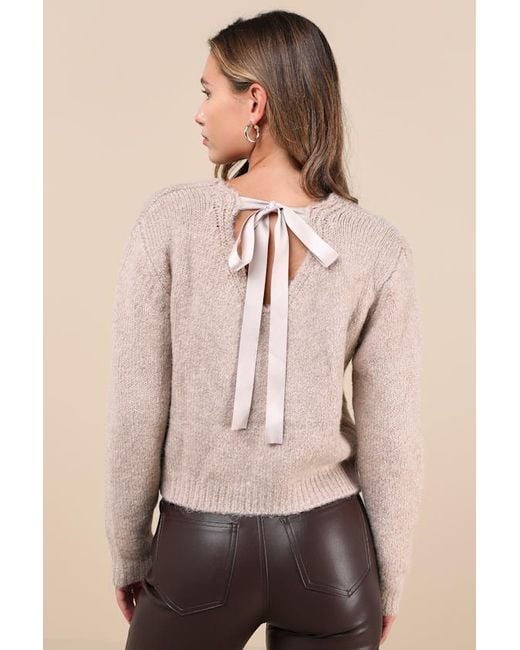Lulus Natural Coquette Cozy Heather Long Sleeve Bow Pullover Sweater