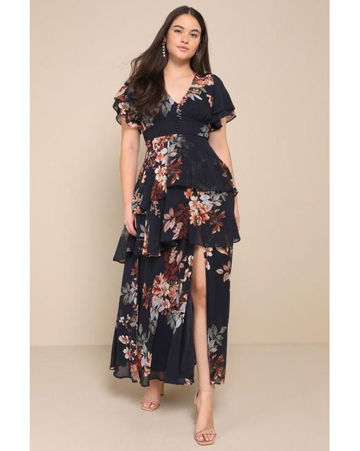 Lulus Blue Midnight Mood Floral Print Tiered Maxi Dress