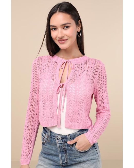 Lulus Pink Alwilda Pointelle Knit Tie-Front Cardigan Sweater Top