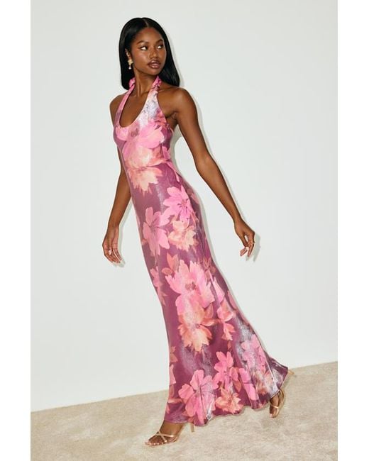 Lulus Pink Lashay And Floral Satin Halter Mermaid Maxi Dress