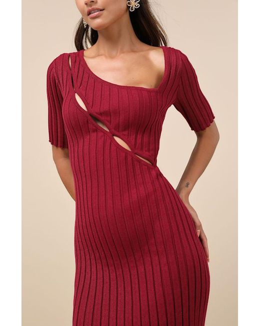 Lulus Pink Flattering Aura Ribbed Asymmetrical Cutout Midi Dress