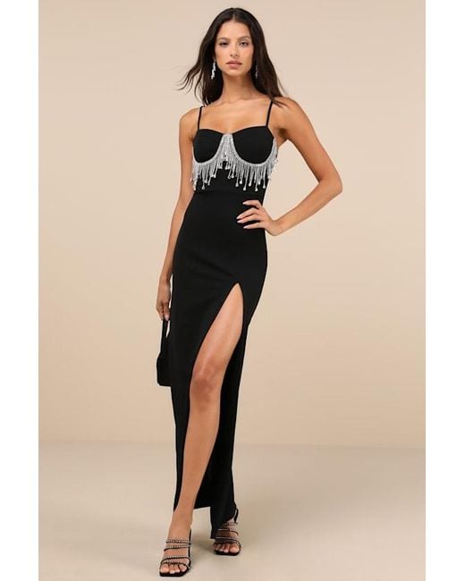 Lulus Natural Divine Extravagance Rhinestone Fringe Bustier Maxi Dress