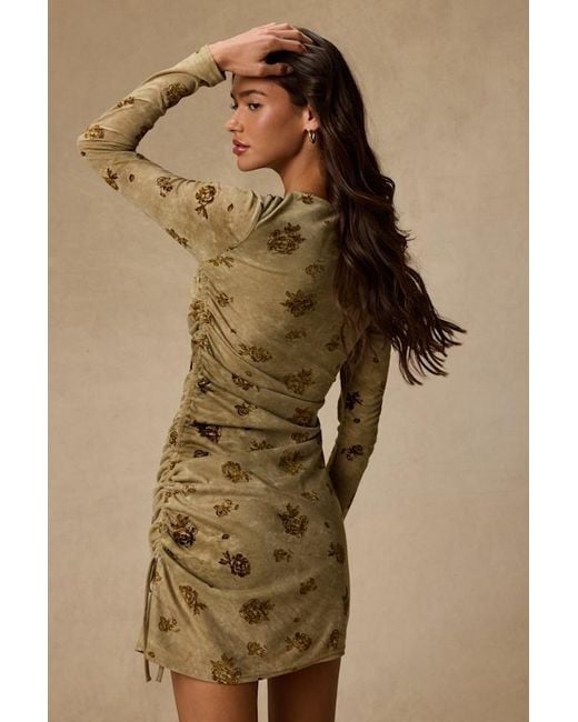 Lulus Natural Laudie Rose Print Ruched Mini Dress