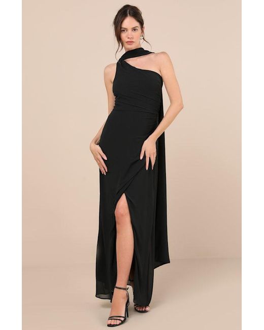 Lulus Black Adeline One-Shoulder Scarf Maxi Dress