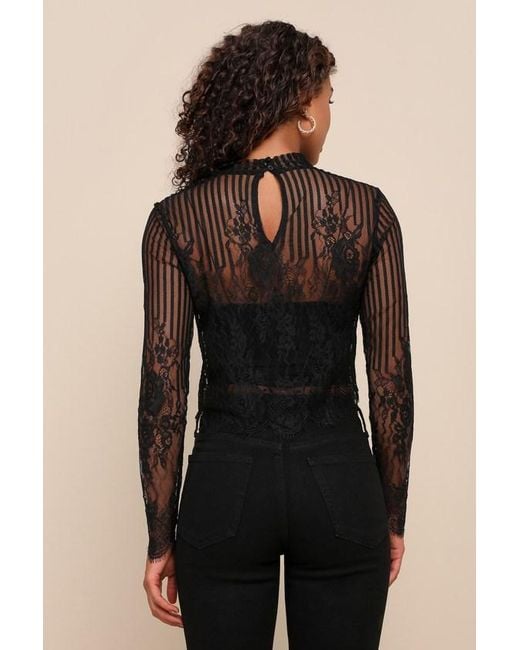 Lulus Black Tempt Me Sheer Lace Long Sleeve Crop Top