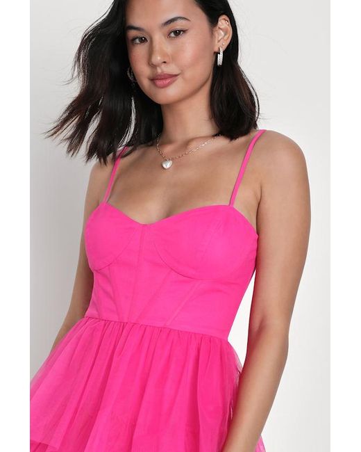 Lulus Pink Rule The Runway Tulle Bustier Tiered Mini Dress