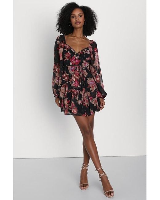 Lulus Black Dramatically Dreamy Floral Chiffon Tiered Lurex Mini Dress