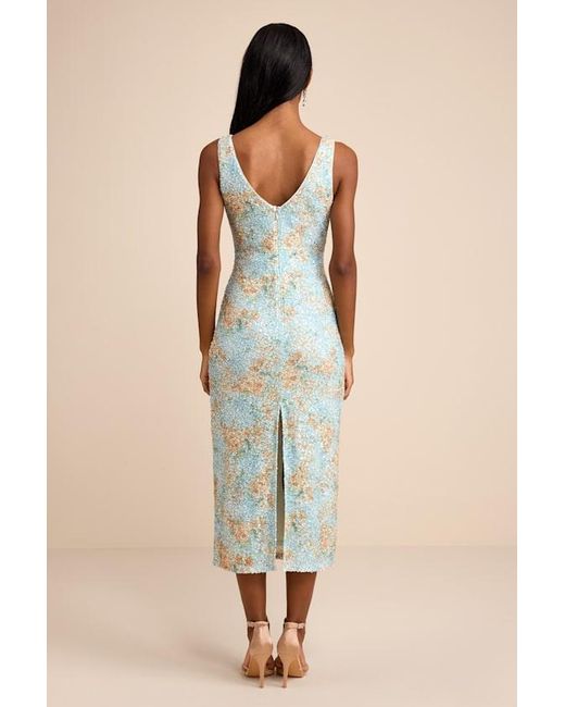 Lulus Natural Renita Floral Sequin Column Midi Dress