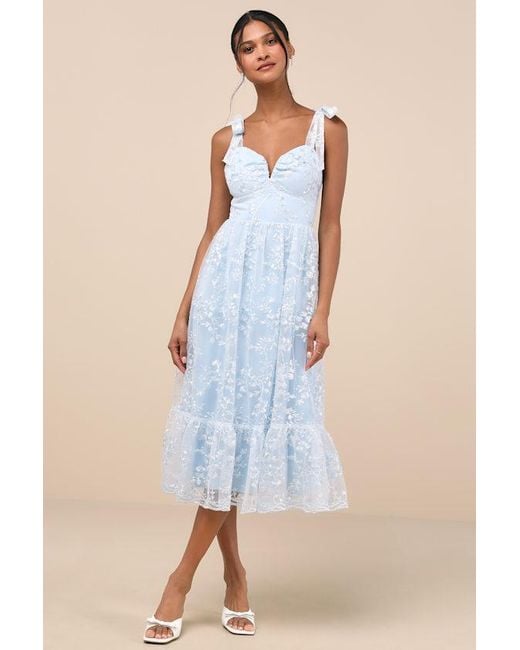 Lulus Blue Distinctly Sweet Floral Embroidered Tie-Strap Midi Dress