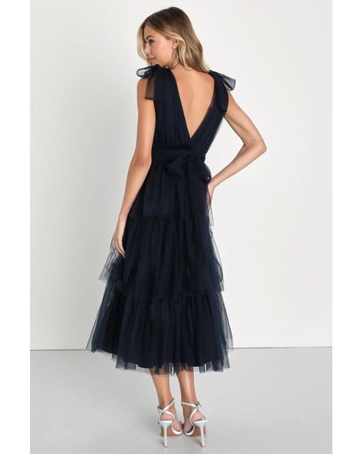 Lulus Blue Flawless Arrival Tulle Tie-Strap Tiered Maxi Dress