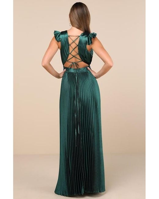 Lulus Blue Exceptional Drama Emerald Satin Lace-Up Pleated Maxi Dress