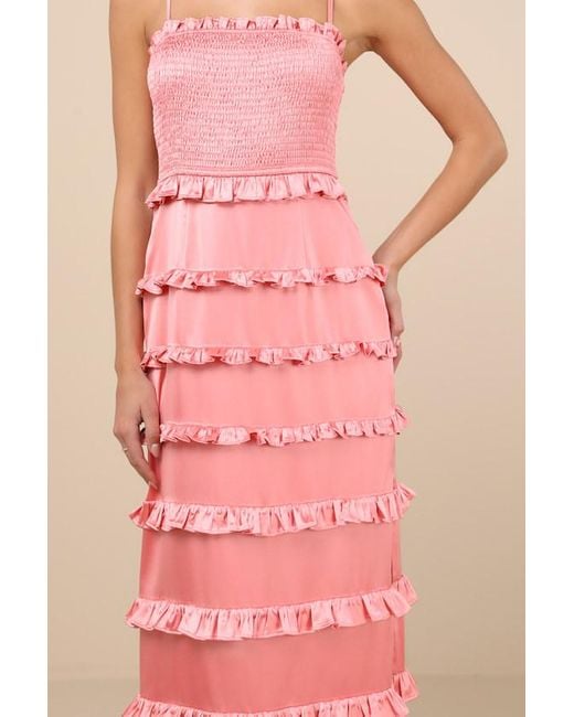 Lulus Pink Sincerely Fabulous Satin Smocked Ruffled Maxi Dress