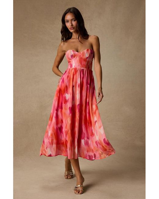 Lulus Pink Aysel Abstract Strapless Bustier Midi Dress