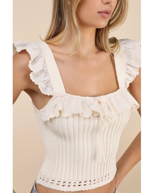 Lulus Blue Gioia Cream Ribbed Ruffled Cap Sleeve Top