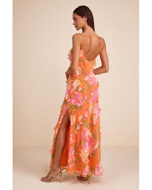 Lulus Orange Zarina Multi Floral Ruffled Maxi Dress