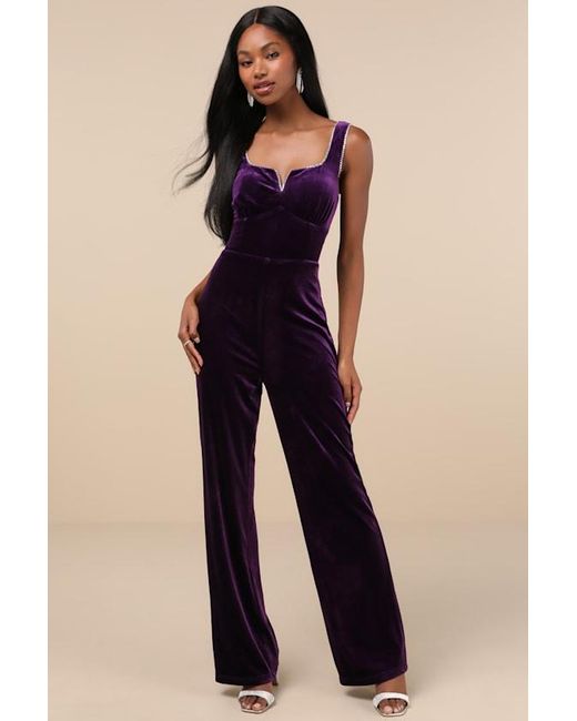 Lulus Blue Dazzling Luxury Dark Velvet Rhinestone Notched Jumpsuit