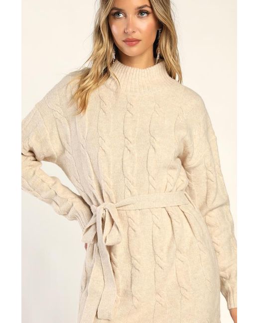 Lulus Natural Warmed Up To You Cream Cable Knit Mock Neck Sweater Dress