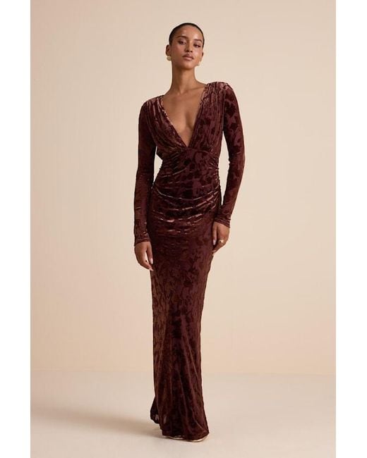 Lulus Brown Patricia Velvet Burnout Long Sleeve Maxi Dress