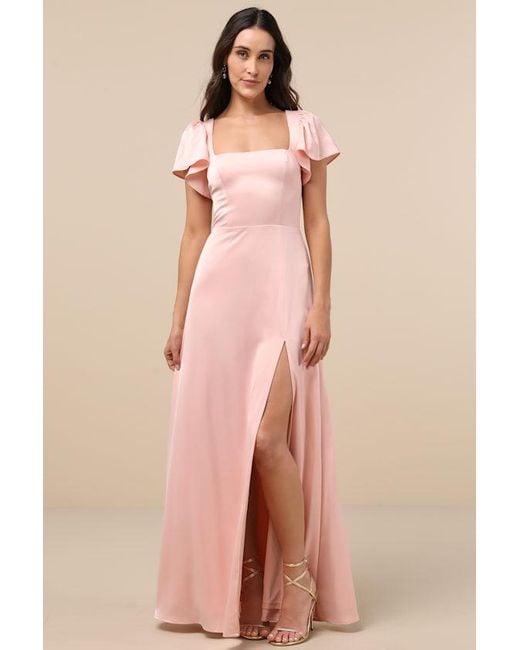 Lulus Pink Ultimate Sweetness Satin Flutter Sleeve Maxi Dress
