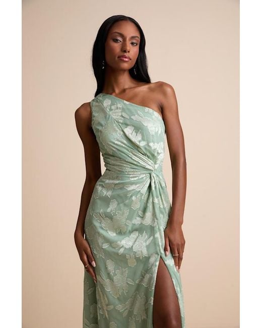 Lulus Green Renni Floral Jacquard One-Shoulder Maxi Dress