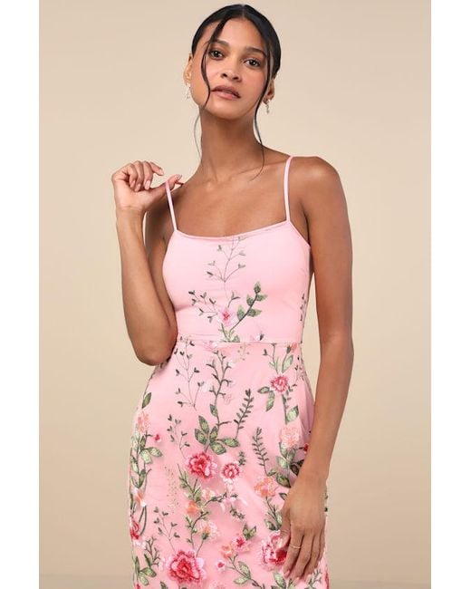 Lulus Pink Blooming For Love Floral Embroidered Midi Dress