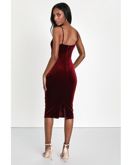 Lulus Red Plush Personality Velvet Ruched Bodycon Midi Dress