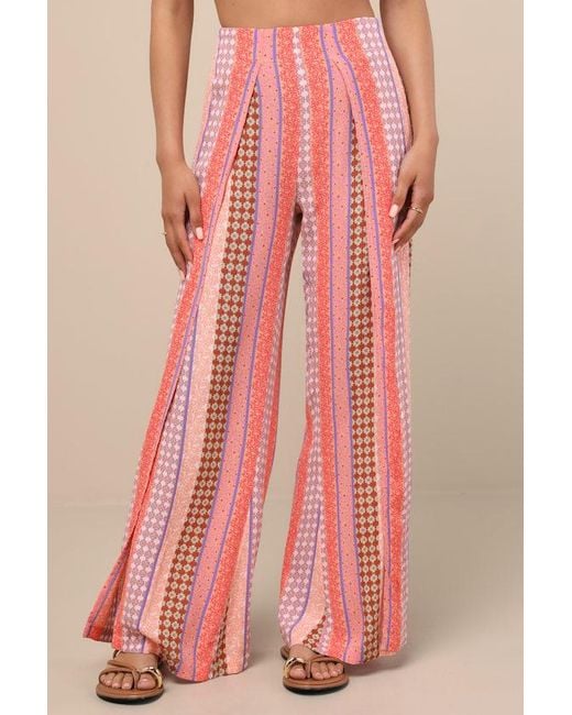 Billabong Pink Split Spirit Multi Boho Print Wide-Leg Slit-Front Pants