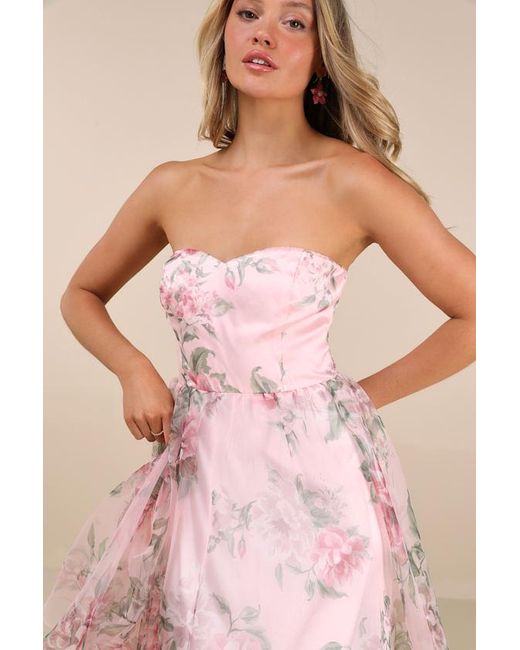Lulus Pink Truly Extraordinary Floral Organza Strapless Maxi Dress