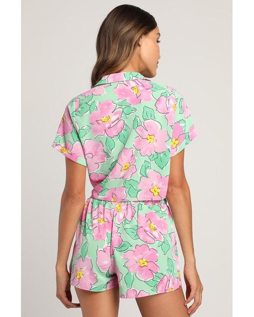 Lush Pink Sun And Blooms Multi Floral Print Two-Piece Romper