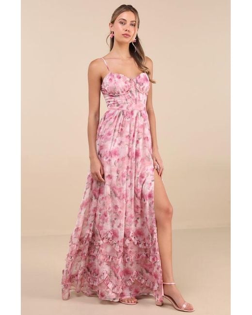 Lulus Pink Novella Floral Ruffled Bustier Lace-Up Maxi Dress