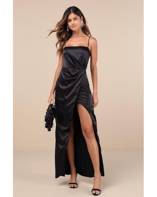 Lulus Black Stunning Expression Satin Pleated Tulip Maxi Dress