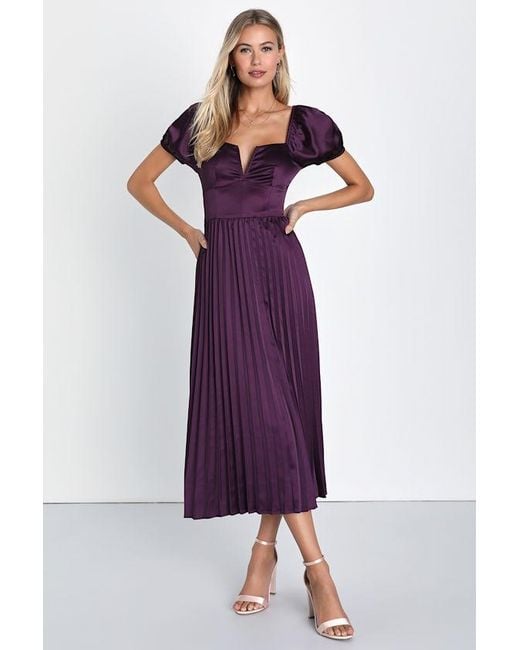 Lulus Purple Flawless Forever Dark Satin Pleated Midi Dress