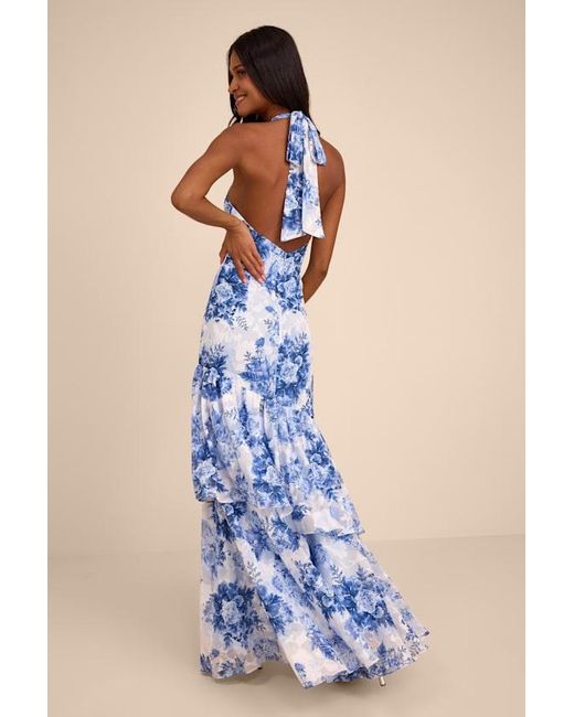 Lulus Blue Eloria And Floral Halter Maxi Dress