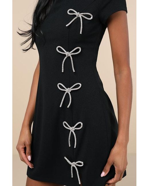 Lulus Black Endearing Sparkle Rhinestone Bow Mini Dress