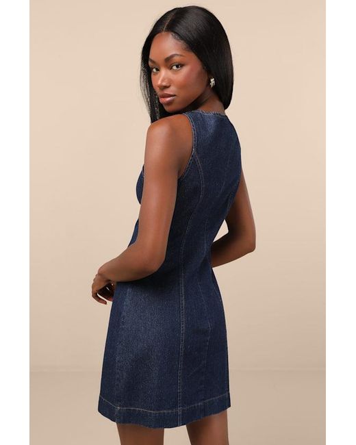 Lulus Blue Cataleya Dark Wash Denim Boat Neck Mini Dress
