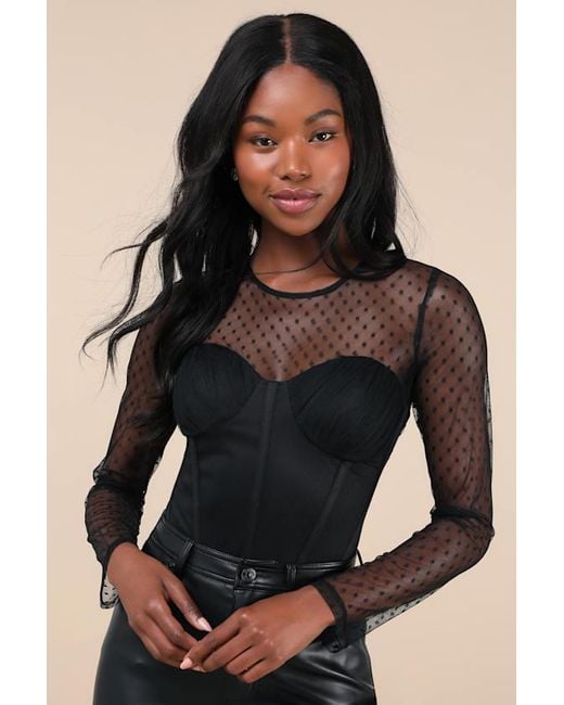 Lulus Black Luxe Agenda Sheer Mesh Polka Dot Pleated Bustier Bodysuit
