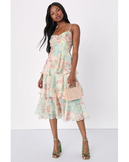 Lulus Natural Darling Aesthetic Floral Print Tiered Midi Dress