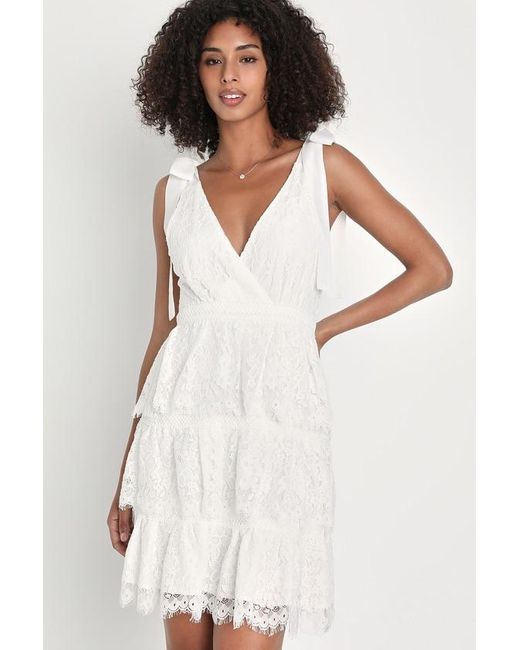 Lulus White Sweet Flattery Lace Tiered Tie-Strap Mini Dress