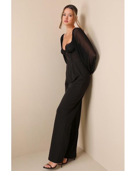 Lulus Black Instant Attraction Mesh Lace Long Sleeve Bustier Jumpsuit